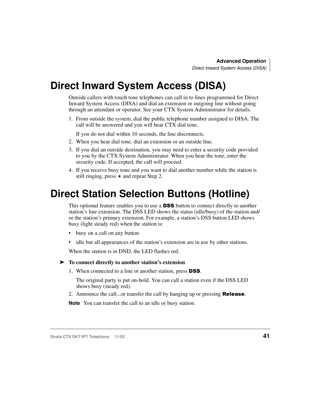 Toshiba CTX manual Direct Inward System Access Disa, Direct Station Selection Buttons Hotline 