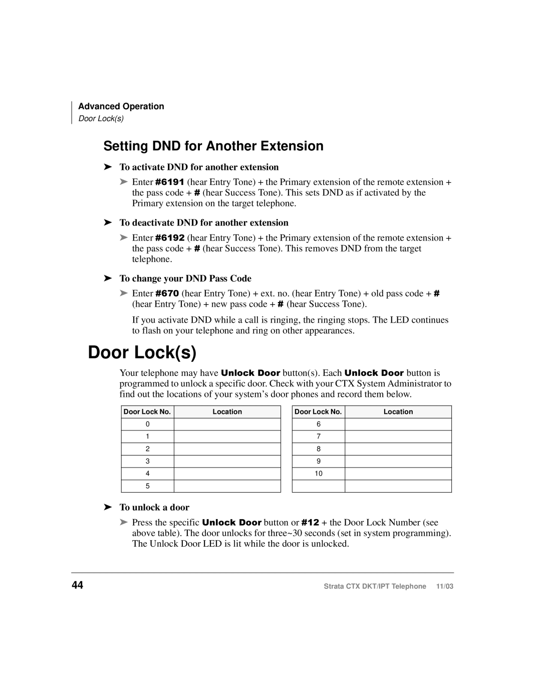 Toshiba CTX manual Door Locks, Setting DND for Another Extension 