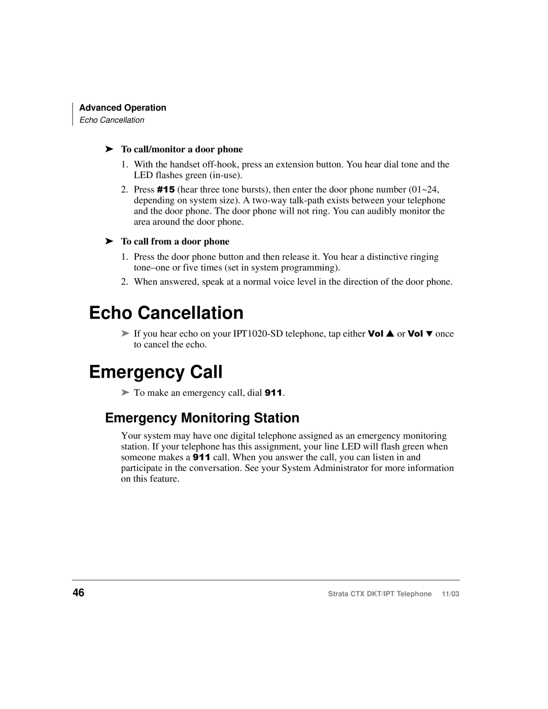 Toshiba CTX manual Echo Cancellation, Emergency Call, Emergency Monitoring Station, To call/monitor a door phone 