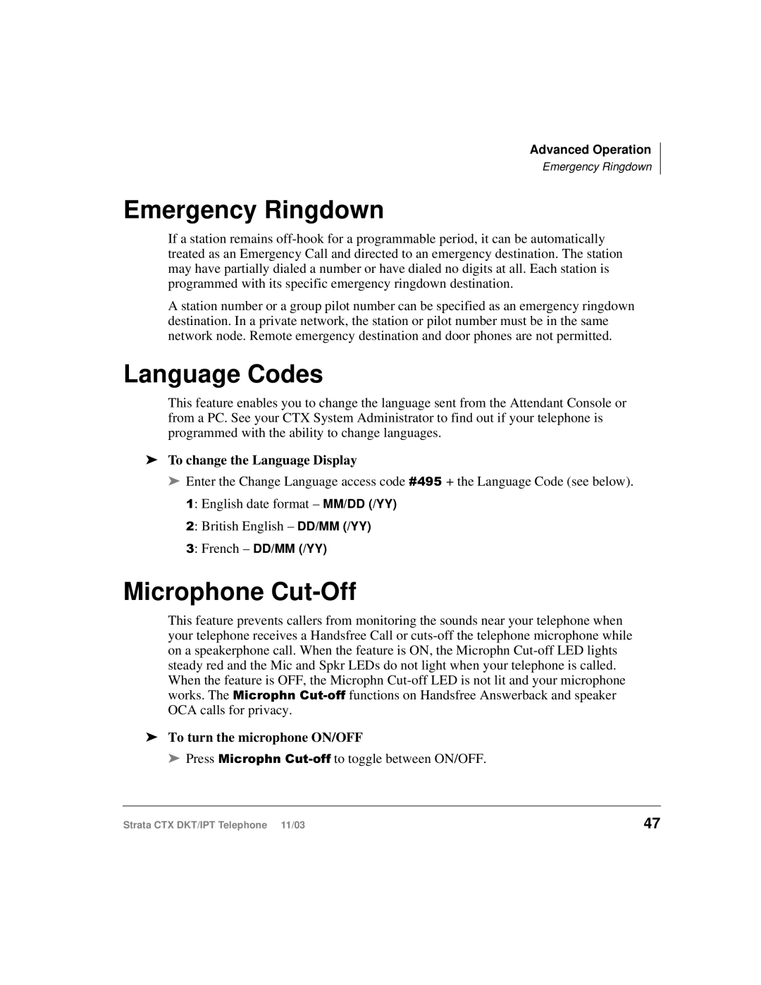 Toshiba CTX manual Emergency Ringdown, Language Codes, Microphone Cut-Off, To change the Language Display 