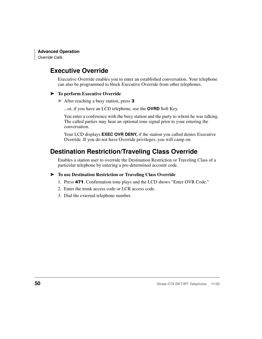 Toshiba CTX manual Destination Restriction/Traveling Class Override, To perform Executive Override 