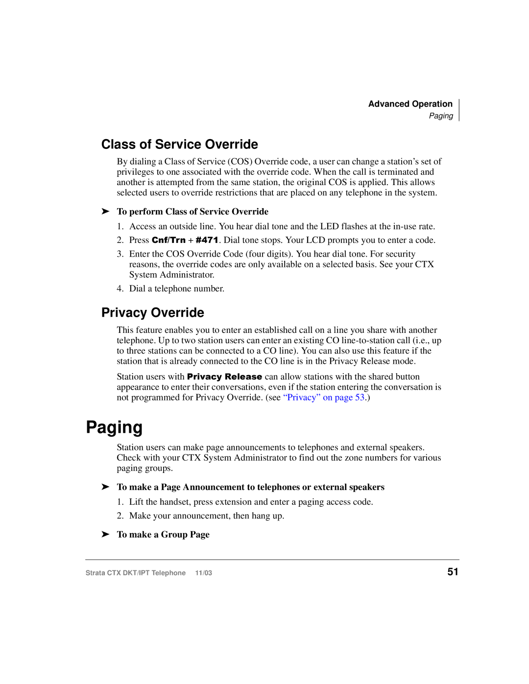 Toshiba CTX manual Paging, Privacy Override, To perform Class of Service Override, To make a Group 