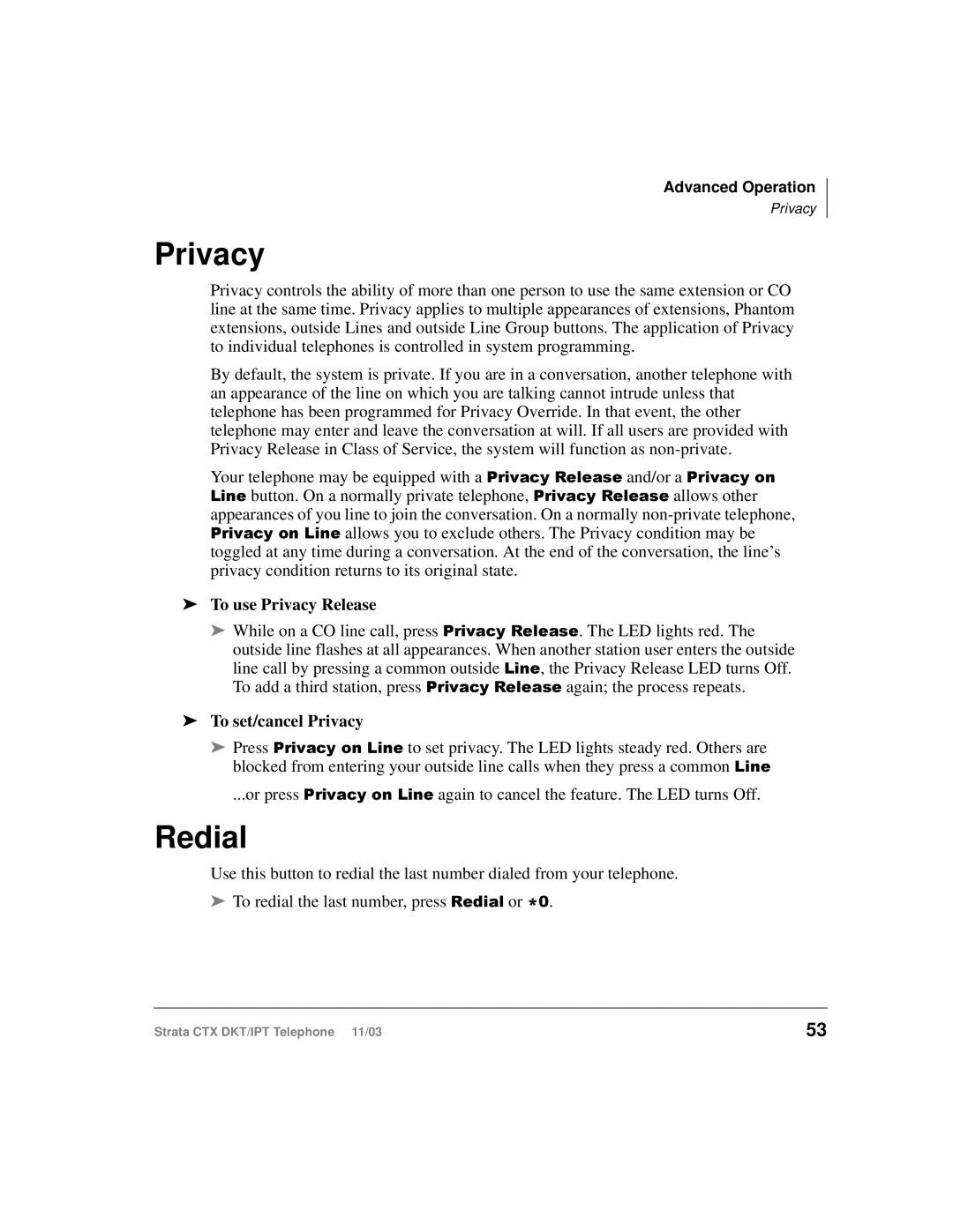 Toshiba CTX manual Redial, To use Privacy Release, To set/cancel Privacy 