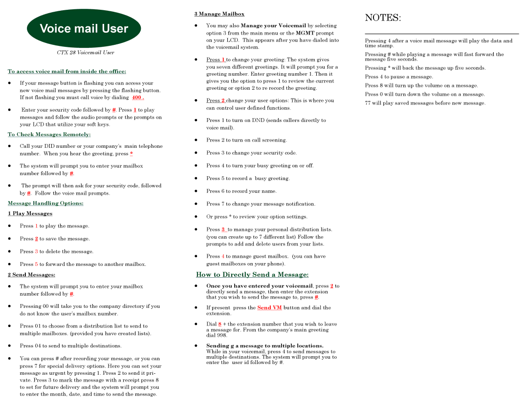 Toshiba CTX28 quick start Voice mail User, How to Directly Send a Message, To access voice mail from inside the office 