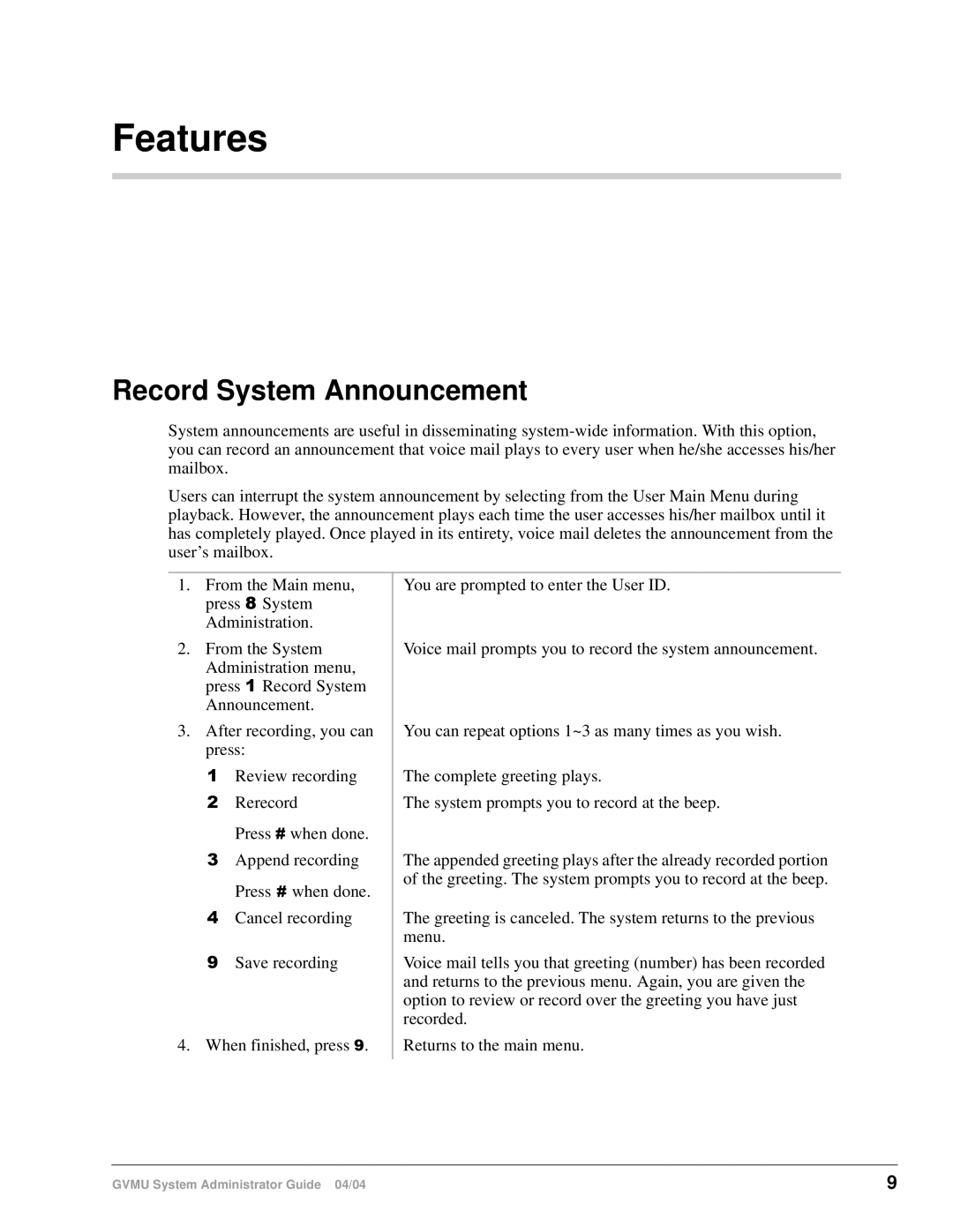 Toshiba CTX28 manual Features, Record System Announcement 