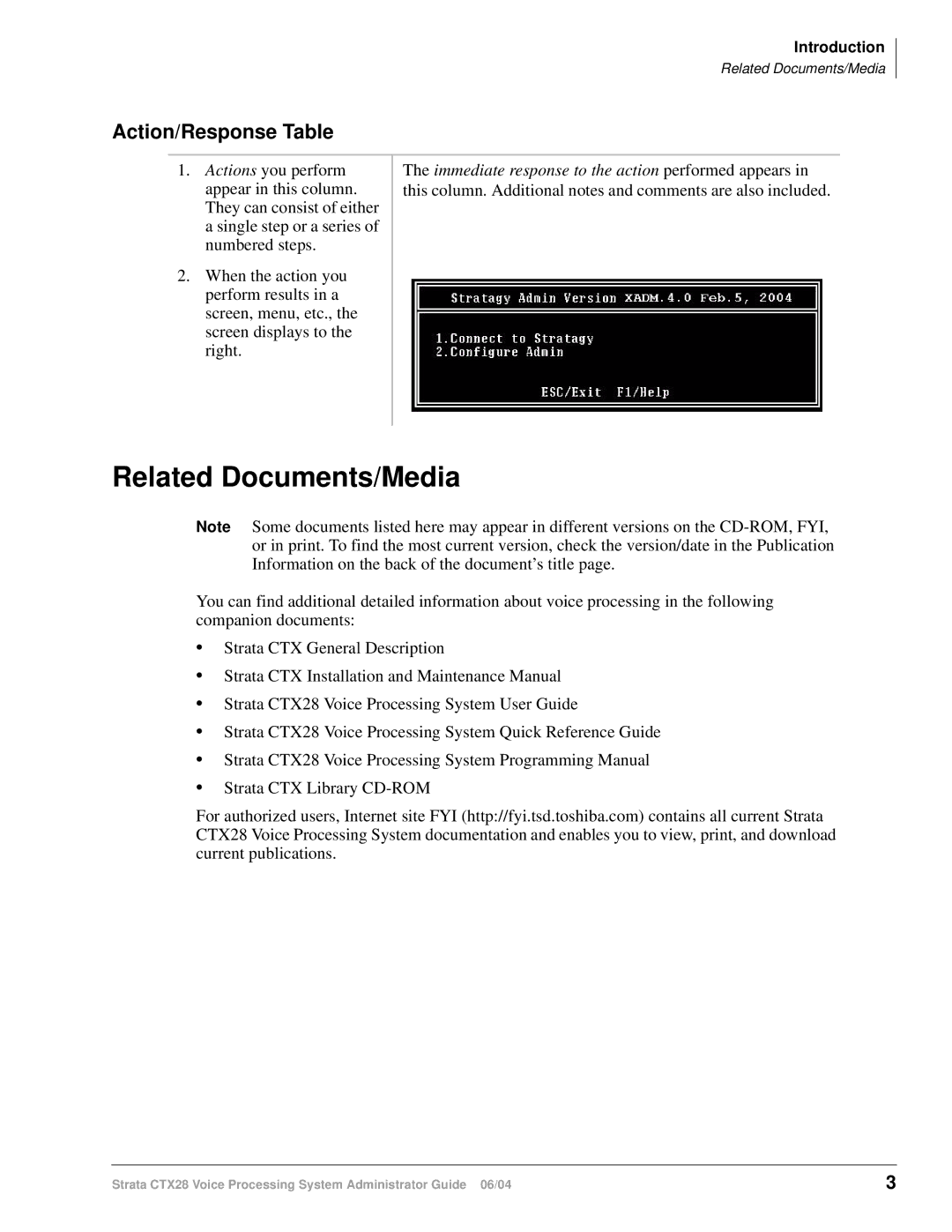 Toshiba CTX28 manual Related Documents/Media, Action/Response Table 