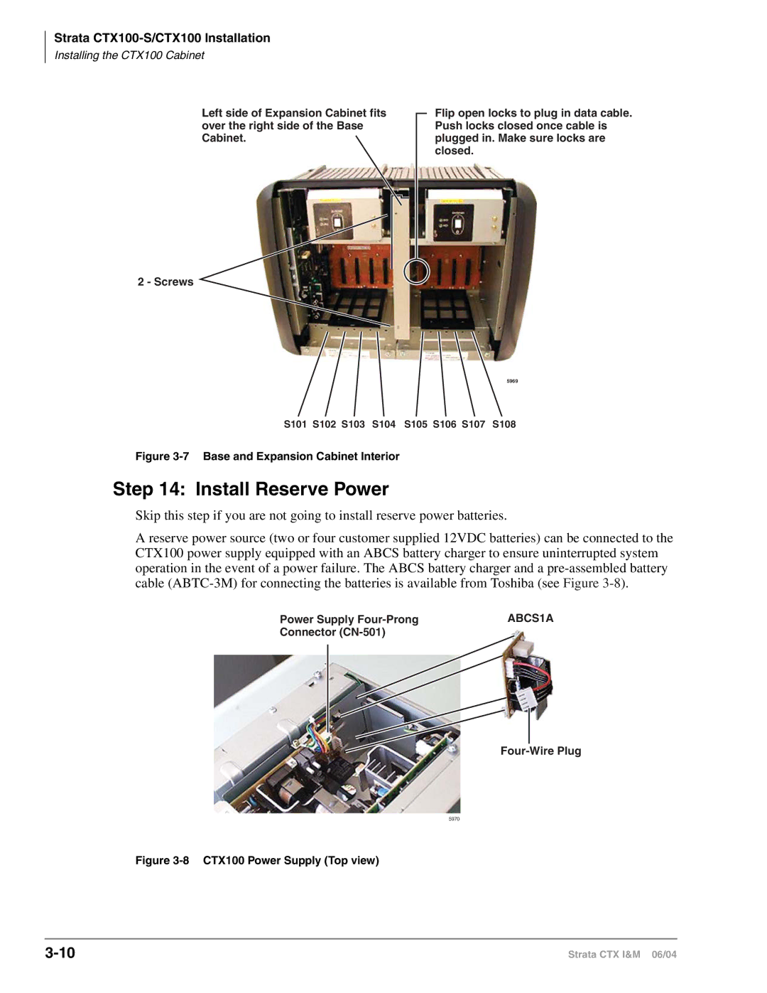 Toshiba CTX28 manual Install Reserve Power, Base and Expansion Cabinet Interior 