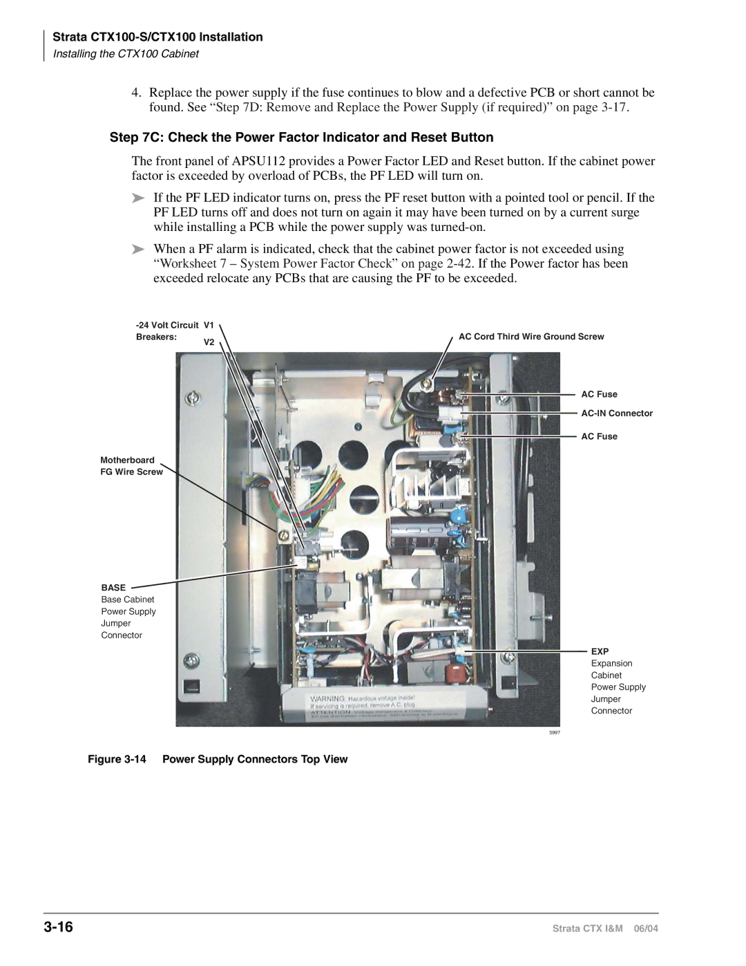 Toshiba CTX28 manual Check the Power Factor Indicator and Reset Button, Power Supply Connectors Top View 