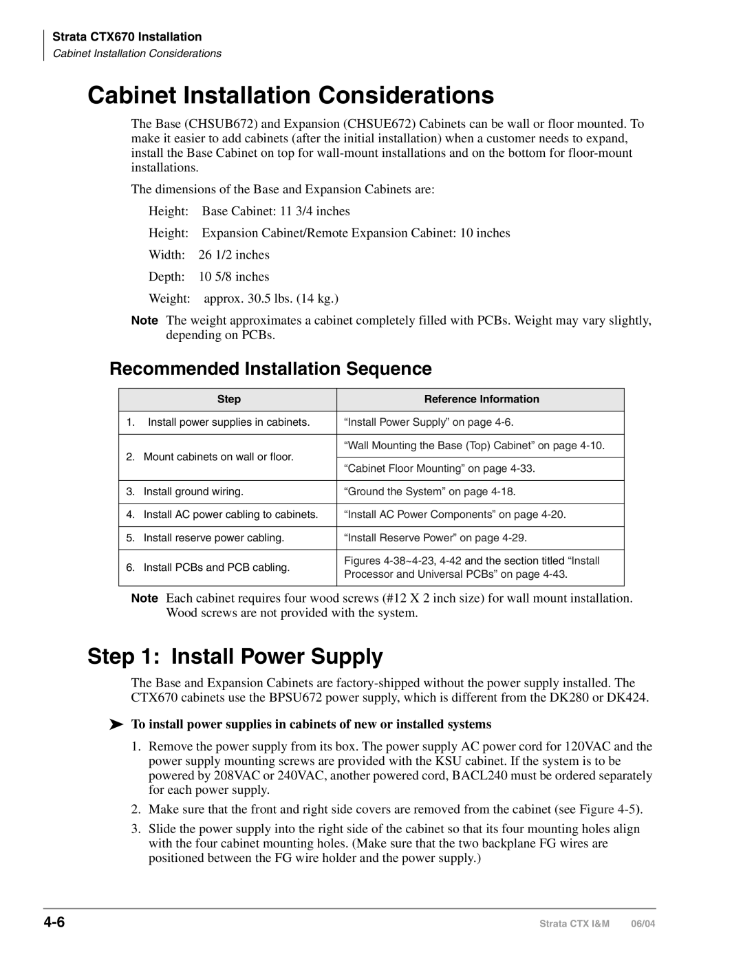 Toshiba CTX28 manual Cabinet Installation Considerations, Recommended Installation Sequence, Step Reference Information 