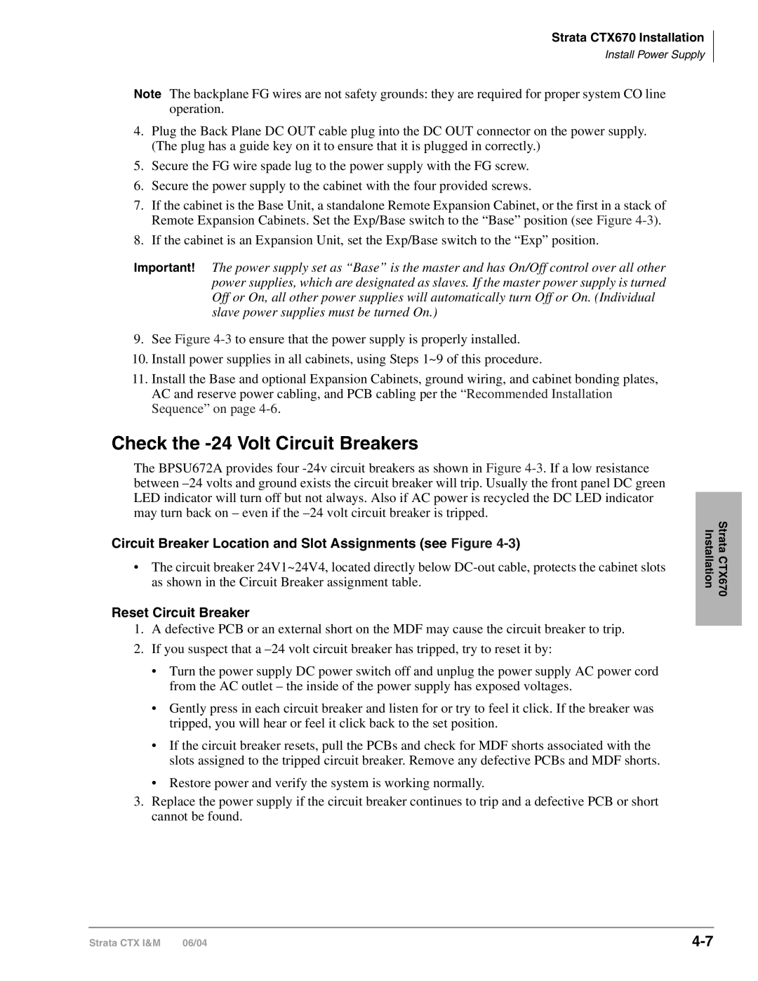 Toshiba CTX28 manual Check the -24 Volt Circuit Breakers, Circuit Breaker Location and Slot Assignments see Figure 