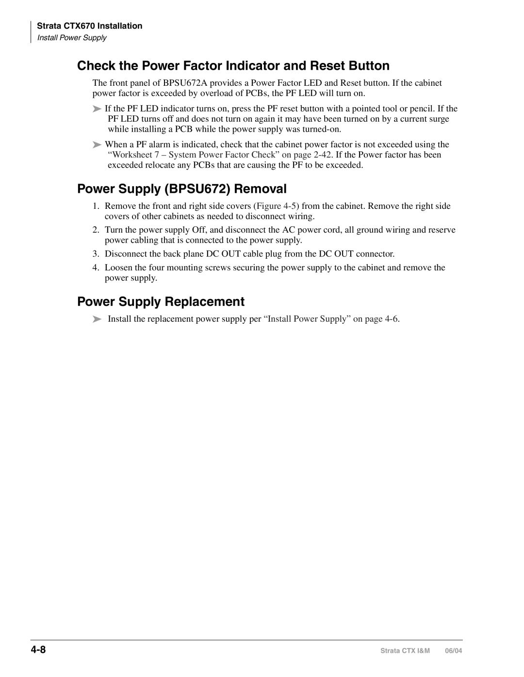 Toshiba CTX28 Check the Power Factor Indicator and Reset Button, Power Supply BPSU672 Removal, Power Supply Replacement 