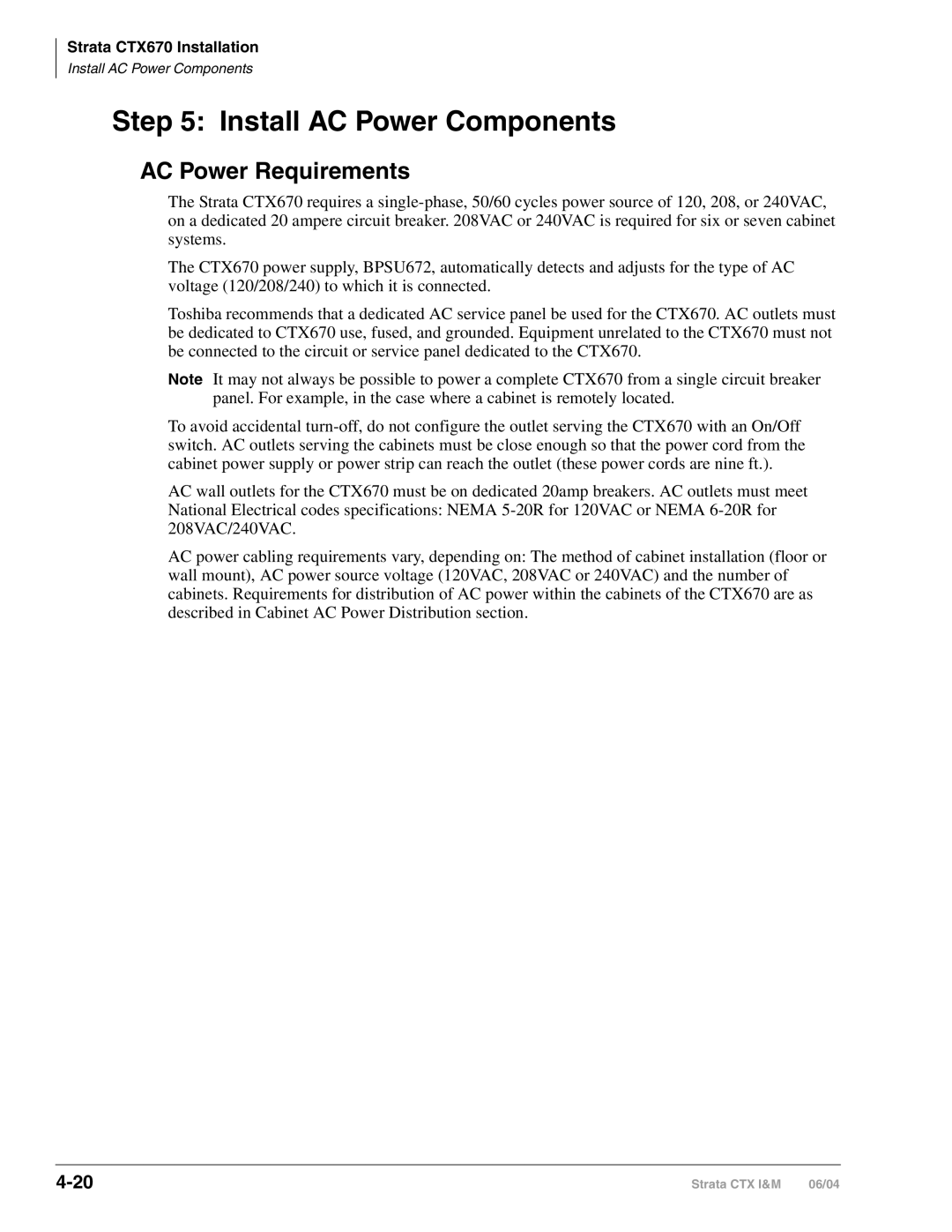 Toshiba CTX28 manual Install AC Power Components, AC Power Requirements 