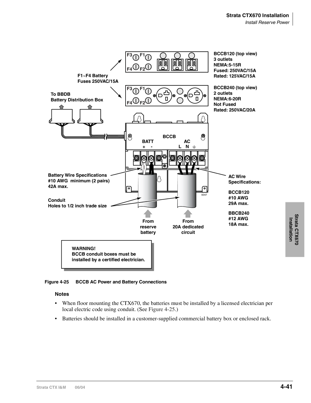 Toshiba CTX28 manual Batt Bccb, Battery Wire Specifications #10 AWG minimum 2 pairs 42A max, 20A dedicated 