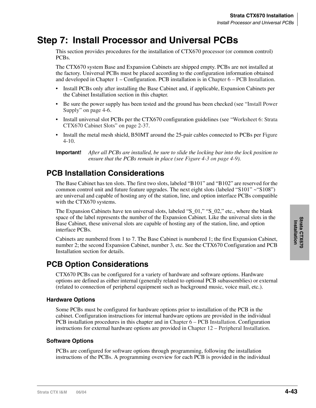 Toshiba CTX28 manual PCB Installation Considerations, PCB Option Considerations, Hardware Options, Software Options 