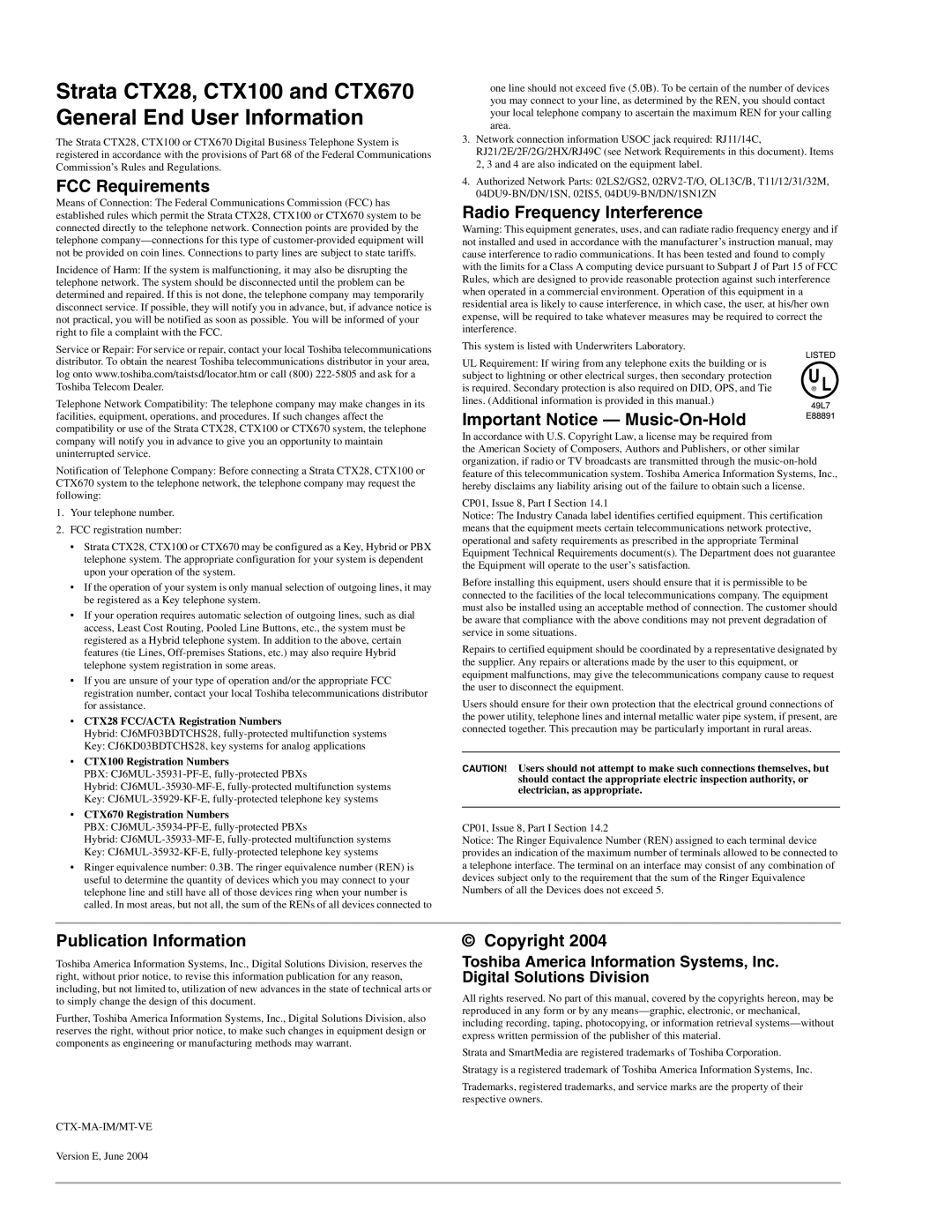 Toshiba CTX28 FCC Requirements, Radio Frequency Interference, Important Notice Music-On-Hold, Publication Information 