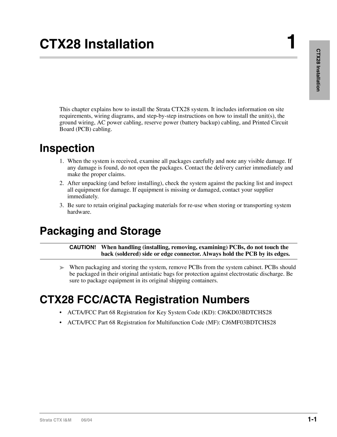 Toshiba manual Inspection, Packaging and Storage, CTX28 FCC/ACTA Registration Numbers, CTX28 Installation 