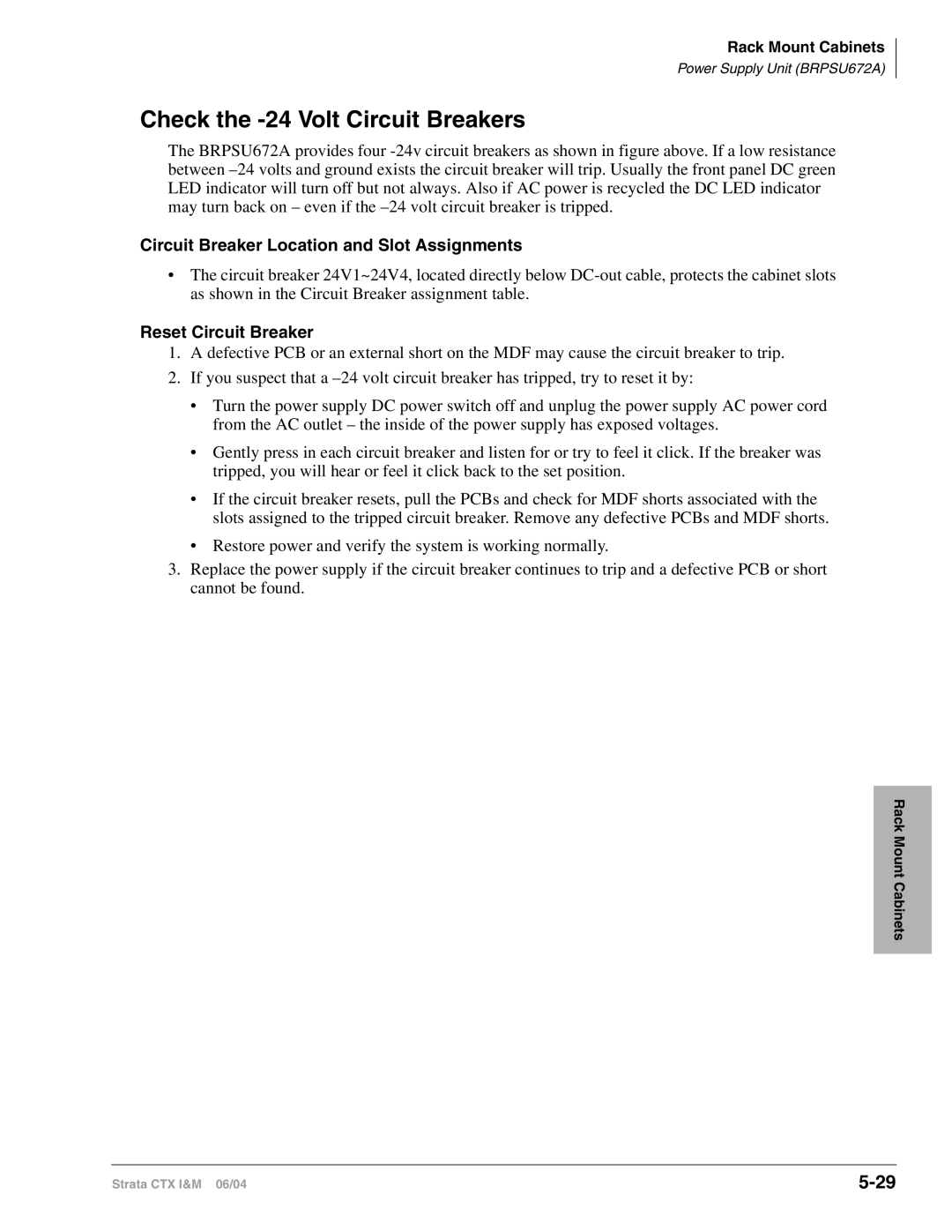 Toshiba CTX28 manual Check the -24 Volt Circuit Breakers, Circuit Breaker Location and Slot Assignments 