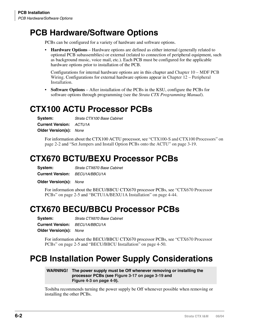 Toshiba CTX28 manual PCB Hardware/Software Options, CTX100 Actu Processor PCBs, CTX670 BCTU/BEXU Processor PCBs 