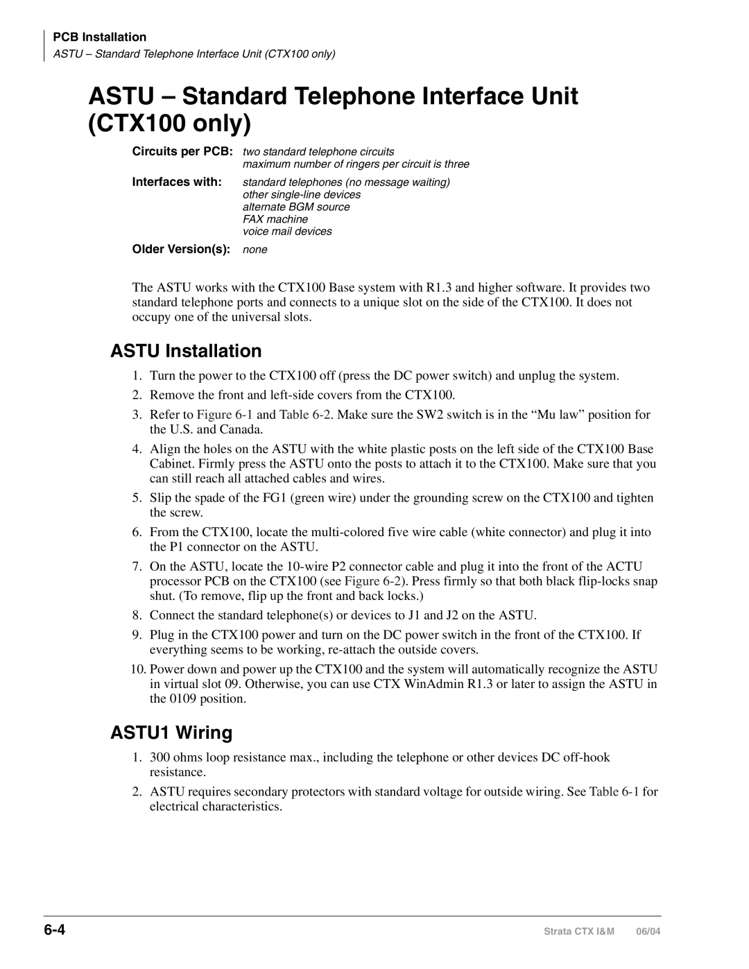 Toshiba CTX28 manual Astu Standard Telephone Interface Unit CTX100 only, Astu Installation, ASTU1 Wiring 