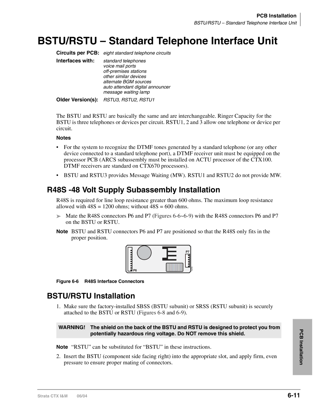 Toshiba CTX28 manual BSTU/RSTU Standard Telephone Interface Unit, R48S -48 Volt Supply Subassembly Installation 