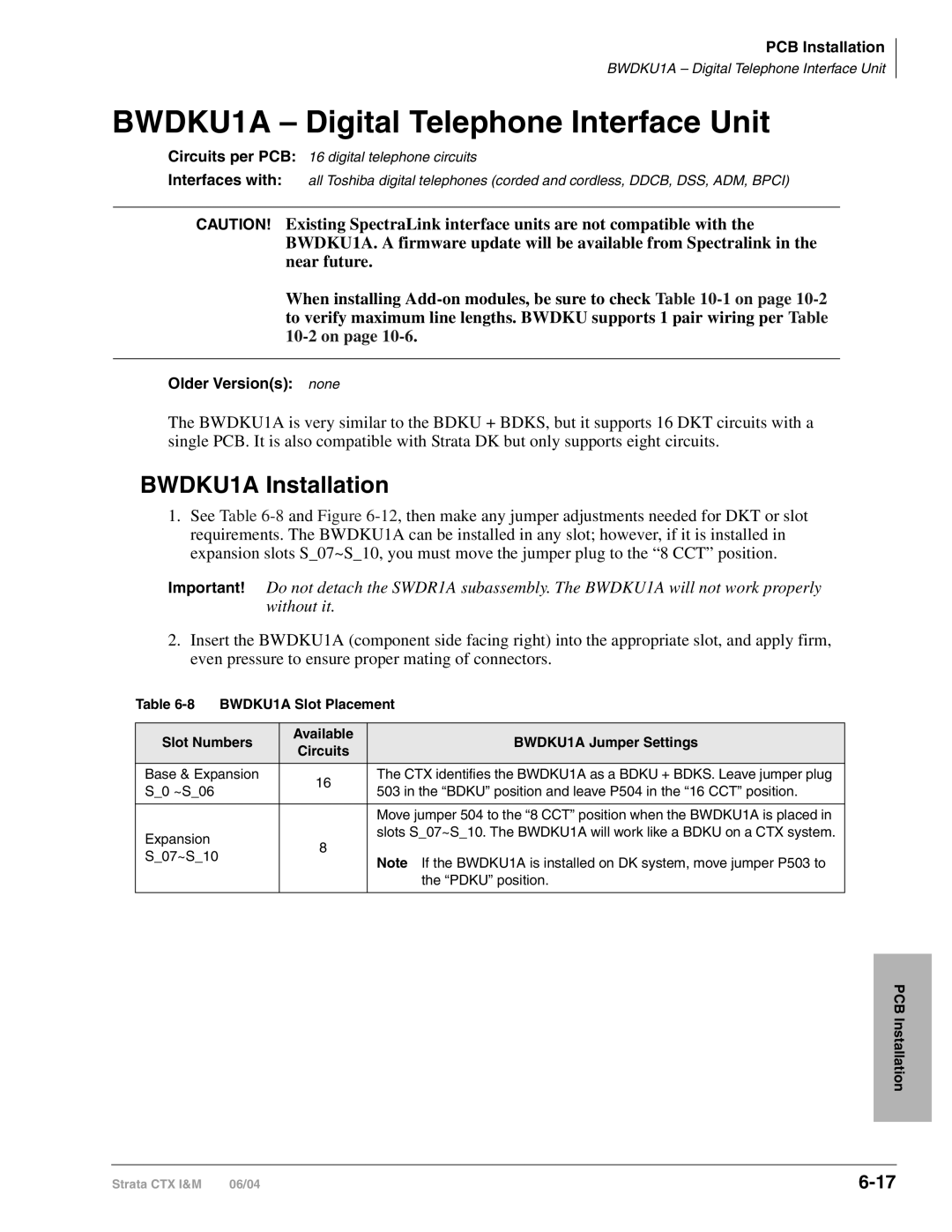 Toshiba CTX28 manual BWDKU1A Digital Telephone Interface Unit, BWDKU1A Installation 