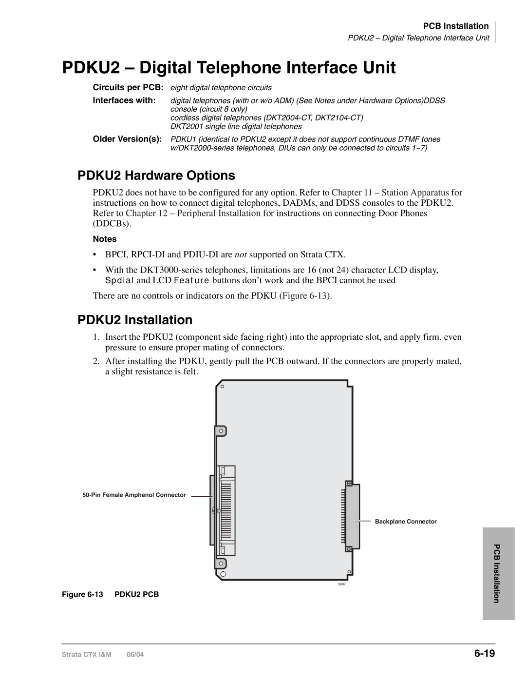 Toshiba CTX28 manual PDKU2 Digital Telephone Interface Unit, PDKU2 Hardware Options, PDKU2 Installation 