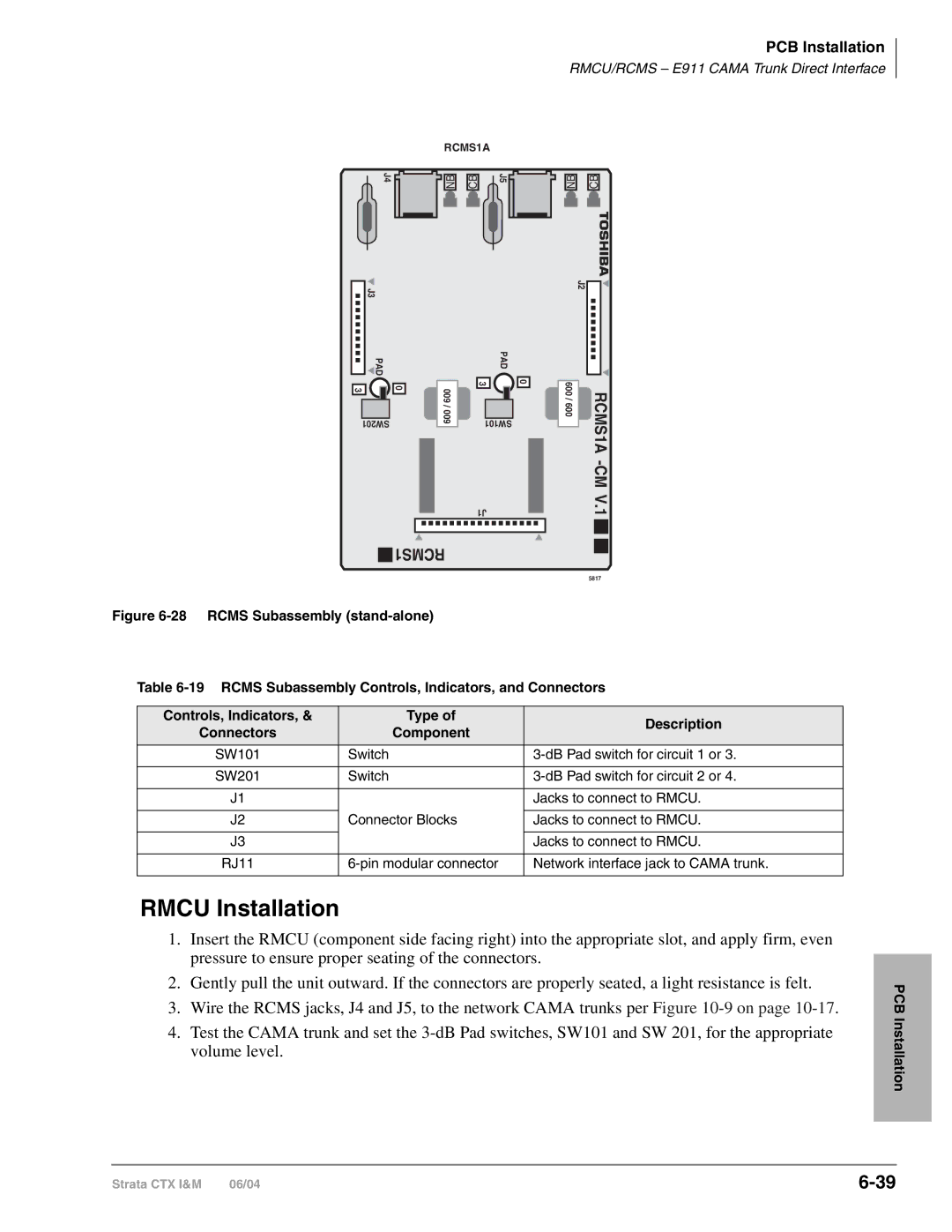 Toshiba CTX28 manual Rmcu Installation, Rcms Subassembly stand-alone 