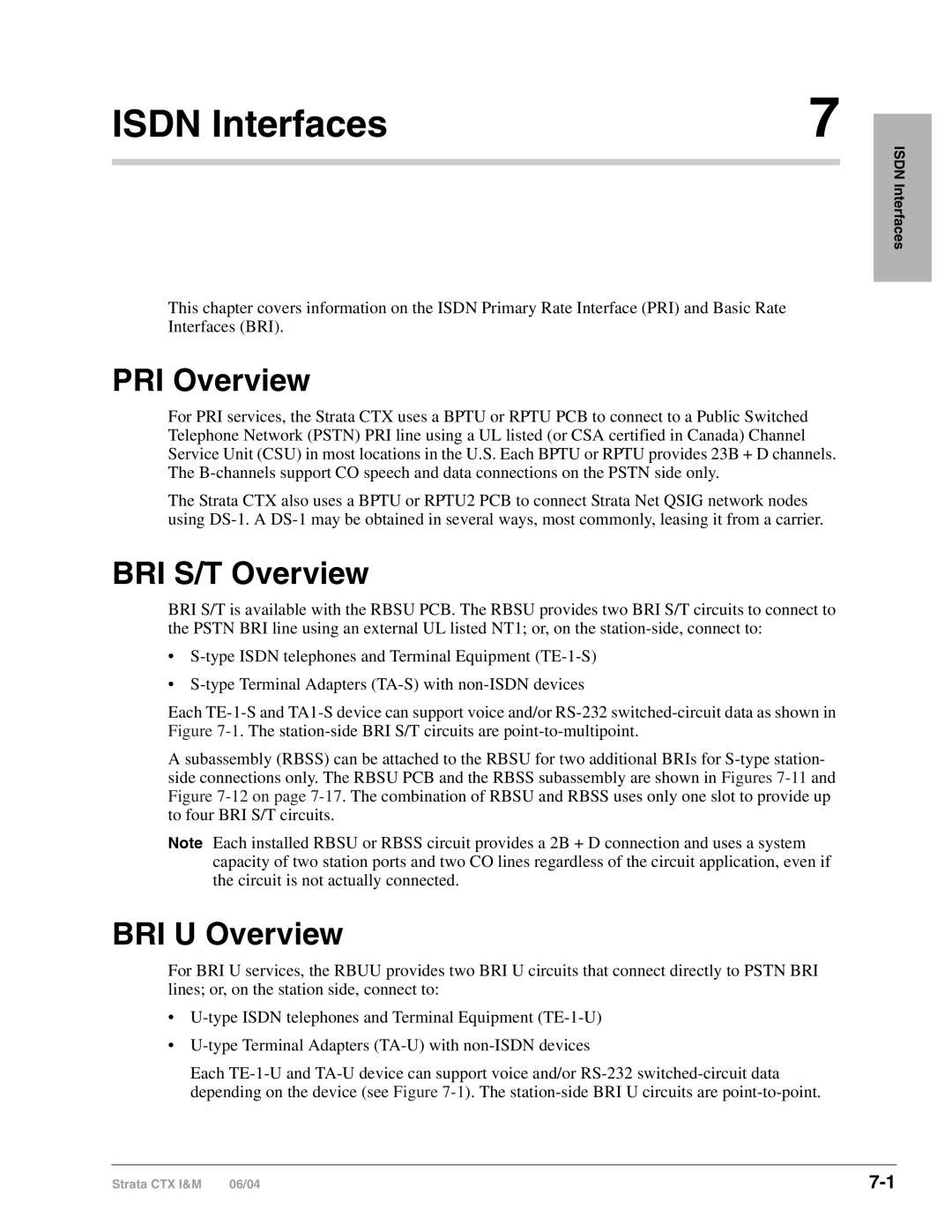 Toshiba CTX28 manual PRI Overview, BRI S/T Overview, BRI U Overview, Isdn Interfaces 