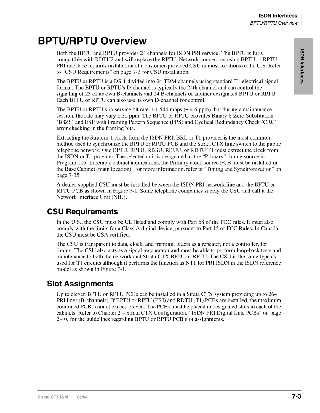 Toshiba CTX28 manual BPTU/RPTU Overview, CSU Requirements, Slot Assignments 