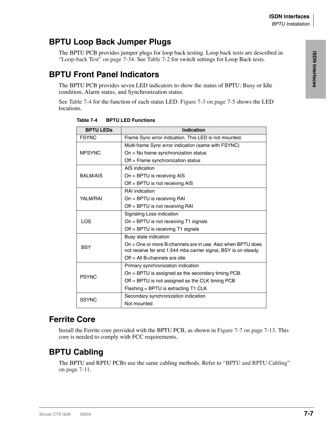 Toshiba CTX28 manual Bptu Loop Back Jumper Plugs, Bptu Front Panel Indicators, Ferrite Core, Bptu Cabling 