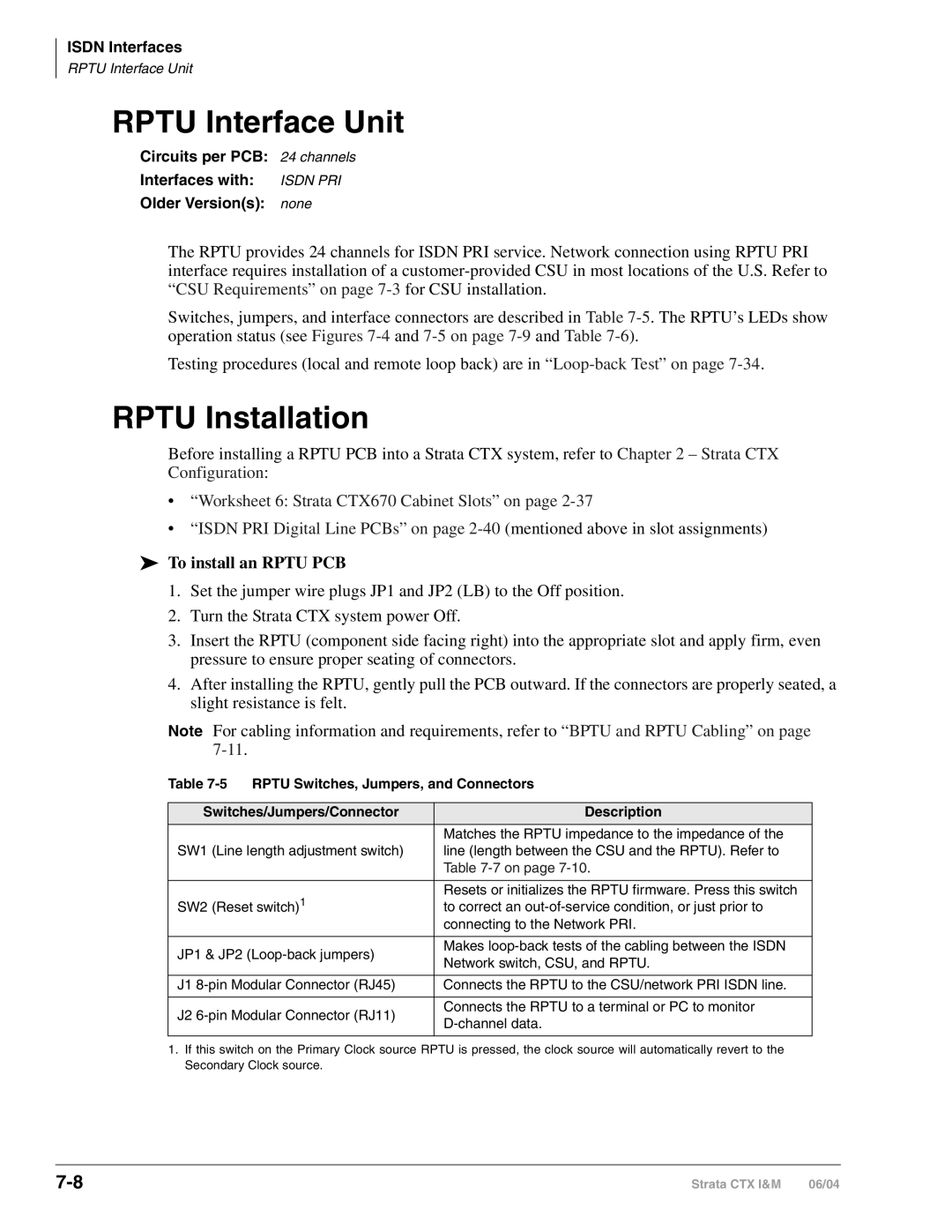 Toshiba CTX28 manual Rptu Interface Unit, Rptu Installation, To install an Rptu PCB, Rptu Switches, Jumpers, and Connectors 