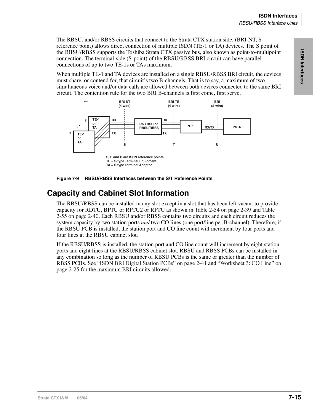 Toshiba CTX28 manual Capacity and Cabinet Slot Information, RBSU/RBSS Interfaces between the S/T Reference Points 