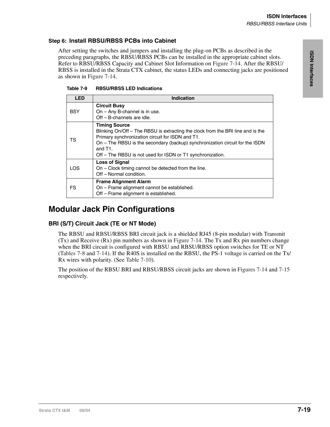 Toshiba CTX28 Modular Jack Pin Configurations, Install RBSU/RBSS PCBs into Cabinet, BRI S/T Circuit Jack TE or NT Mode 