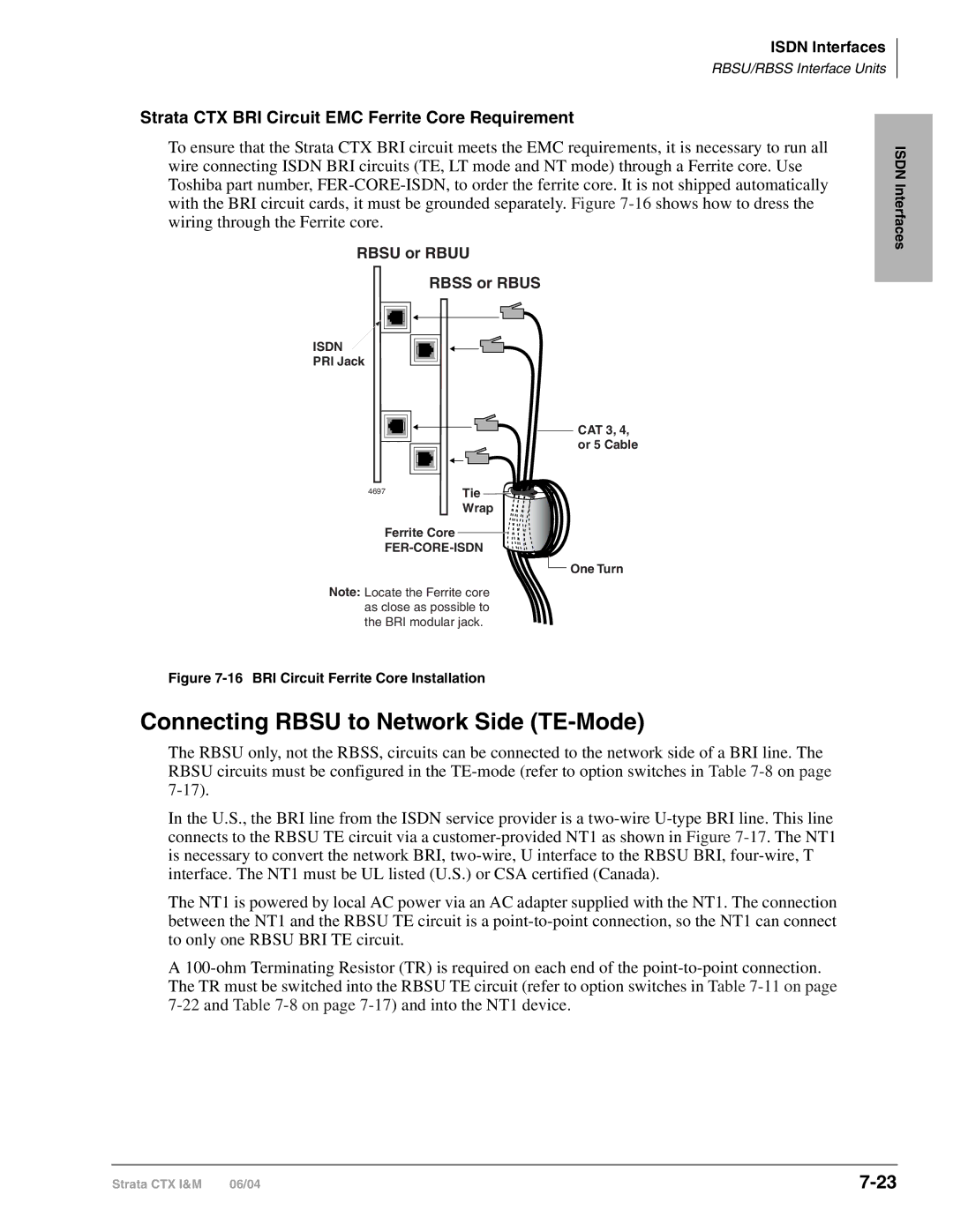 Toshiba CTX28 manual Connecting Rbsu to Network Side TE-Mode, Strata CTX BRI Circuit EMC Ferrite Core Requirement 