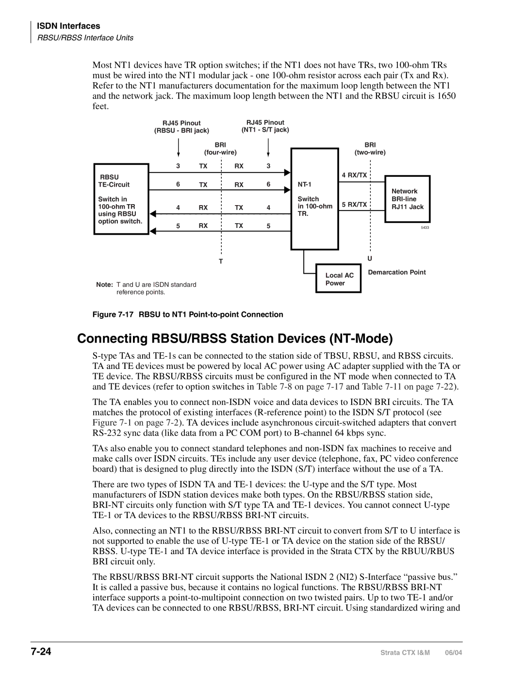 Toshiba CTX28 manual Connecting RBSU/RBSS Station Devices NT-Mode, Rbsu to NT1 Point-to-point Connection 