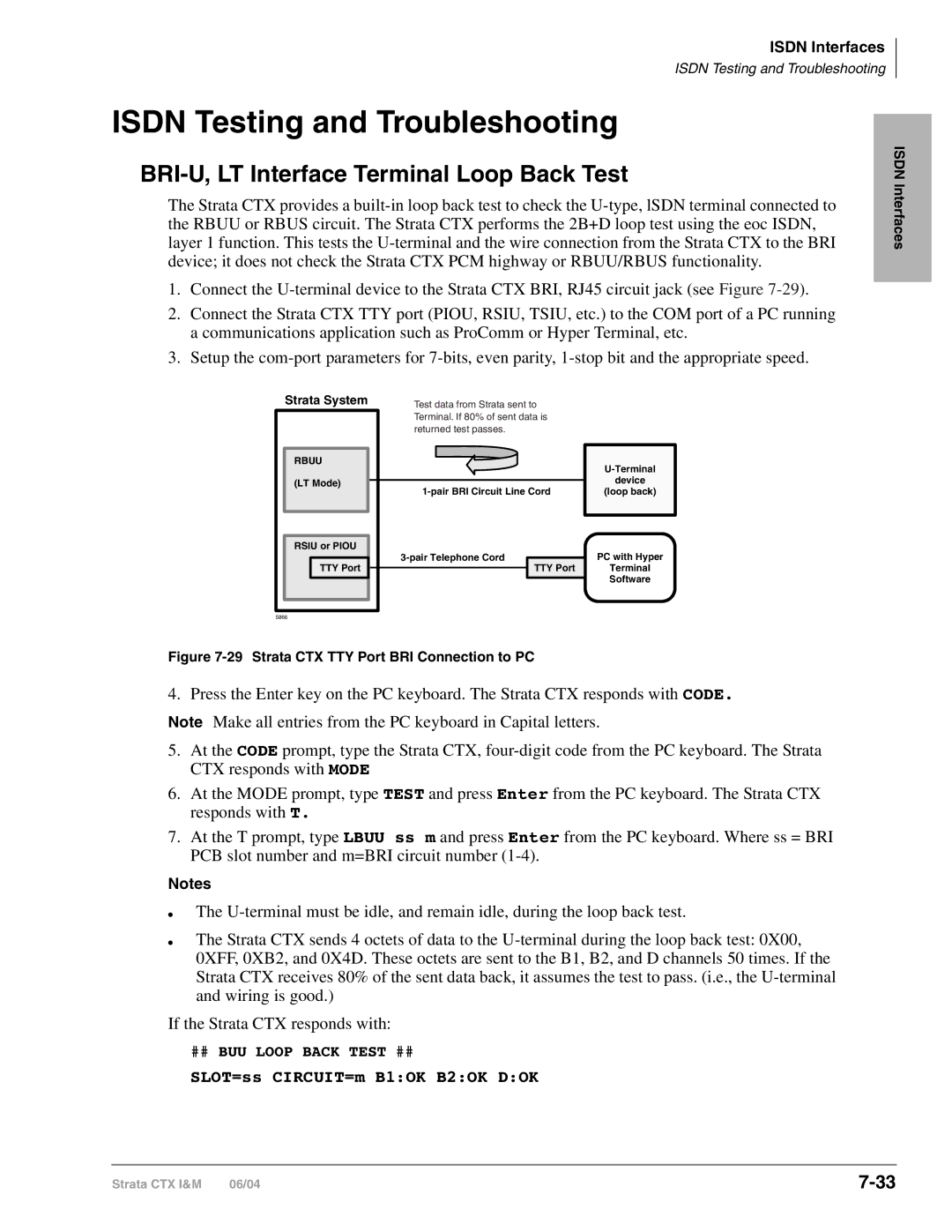 Toshiba CTX28 manual Isdn Testing and Troubleshooting, BRI-U, LT Interface Terminal Loop Back Test, Strata System 