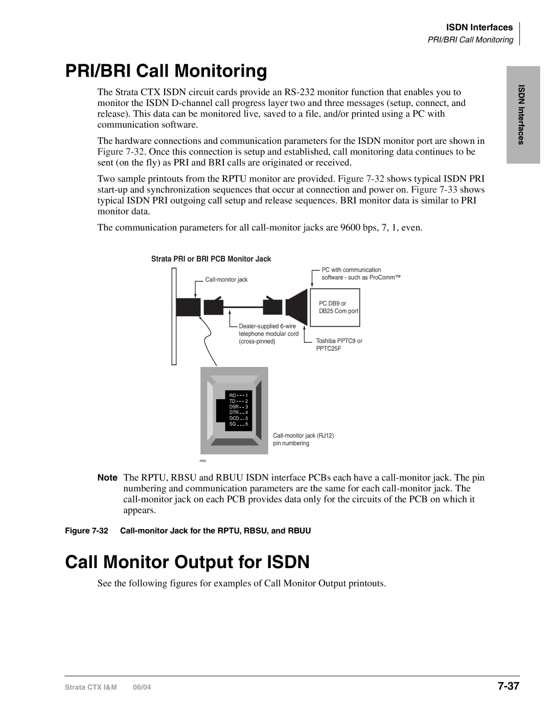 Toshiba CTX28 manual PRI/BRI Call Monitoring, Call Monitor Output for Isdn 