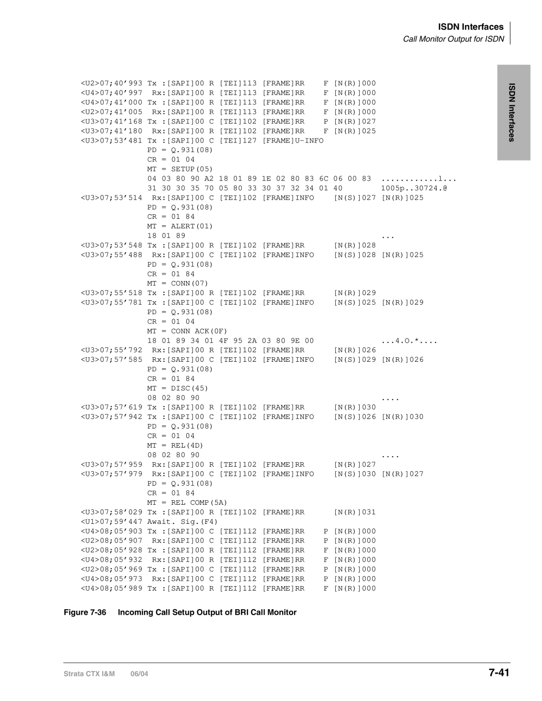 Toshiba CTX28 manual Incoming Call Setup Output of BRI Call Monitor 