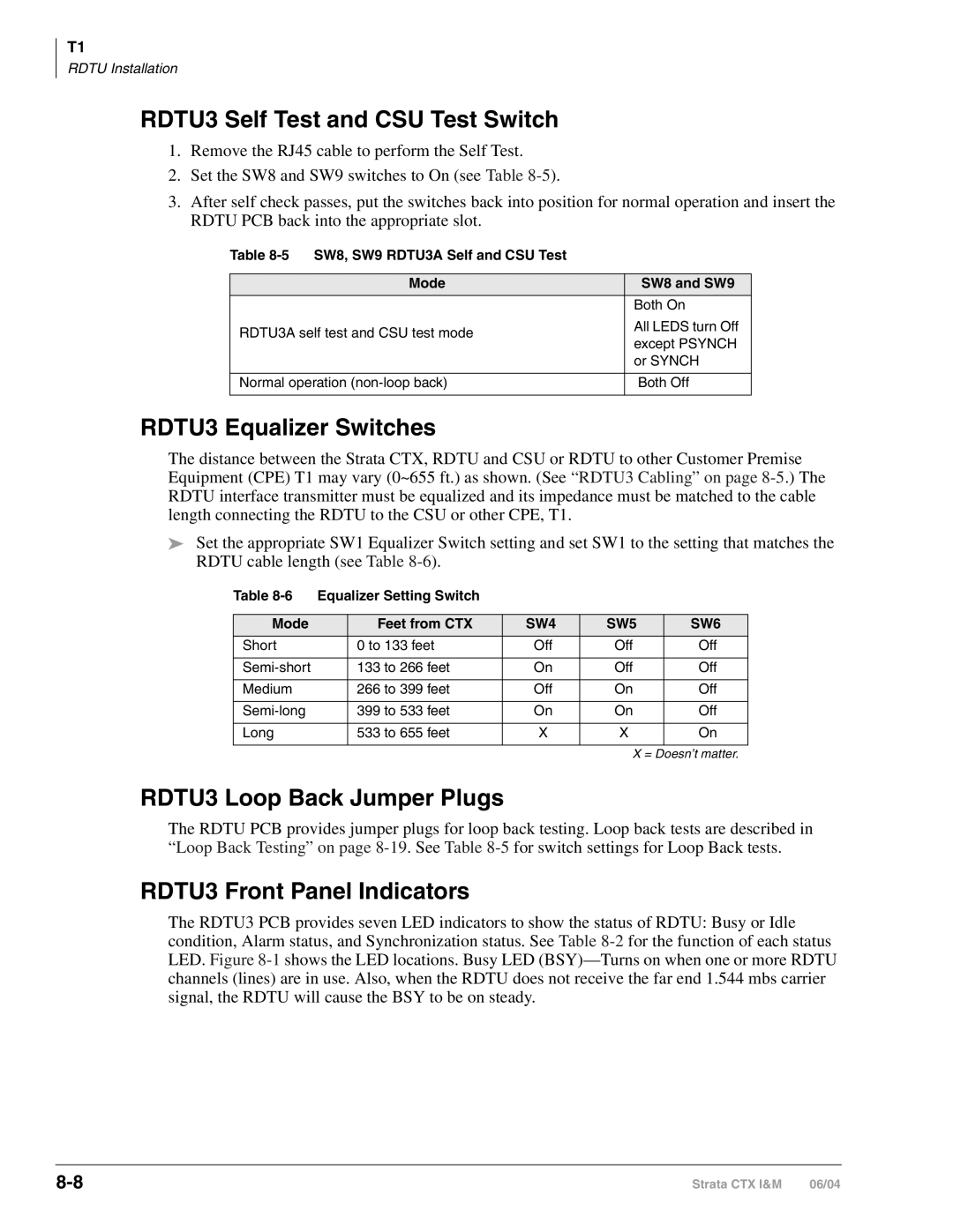 Toshiba CTX28 manual RDTU3 Self Test and CSU Test Switch, RDTU3 Equalizer Switches, RDTU3 Loop Back Jumper Plugs 