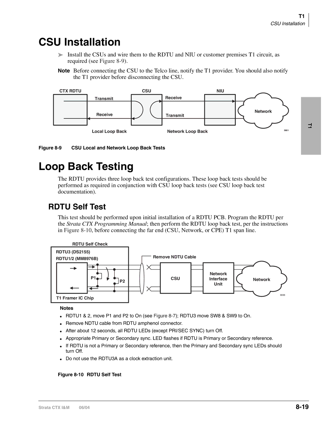 Toshiba CTX28 manual CSU Installation, Loop Back Testing, Rdtu Self Test 