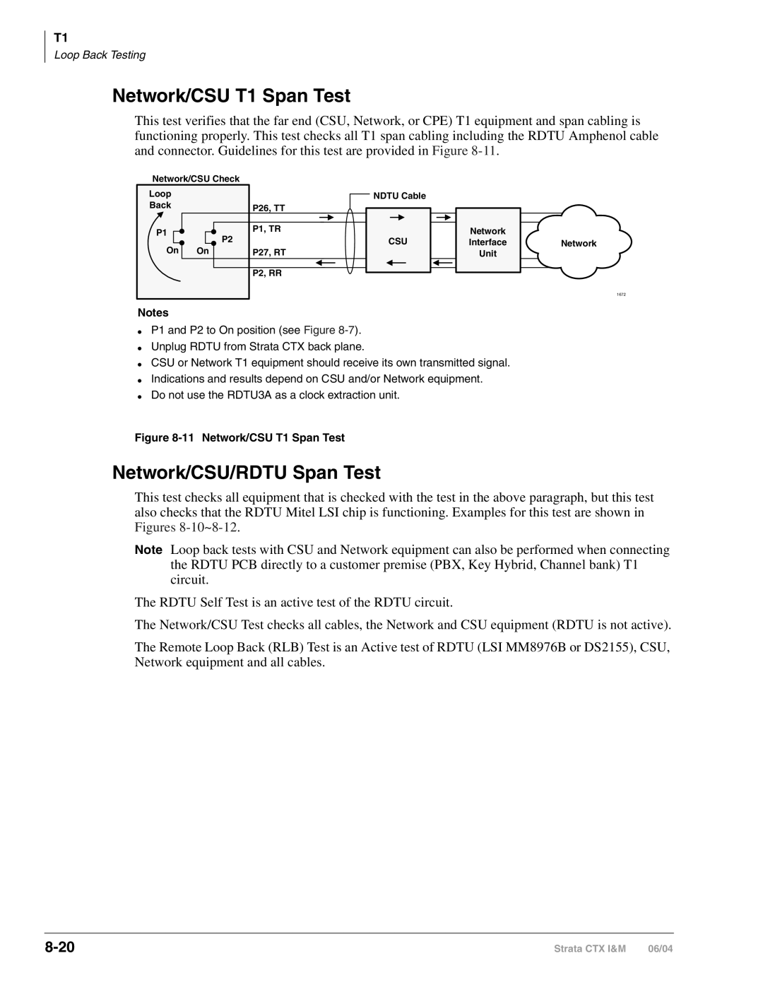 Toshiba CTX28 manual Network/CSU T1 Span Test, Network/CSU/RDTU Span Test 