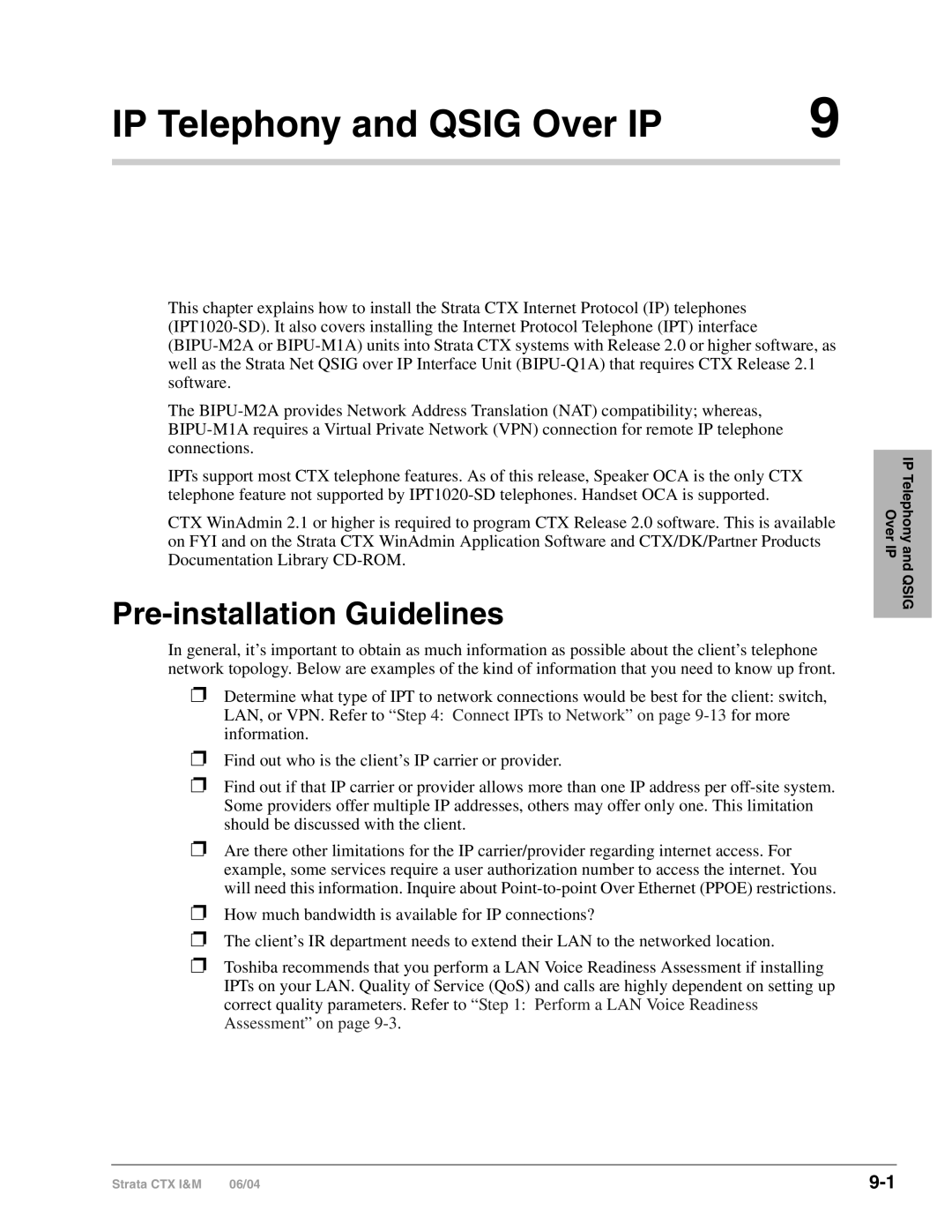 Toshiba CTX28 manual Pre-installation Guidelines, IP Telephony and Qsig Over IP 