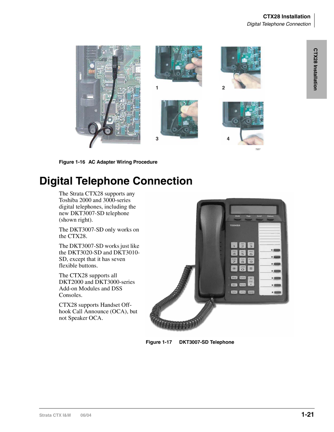 Toshiba CTX28 manual Digital Telephone Connection, AC Adapter Wiring Procedure 