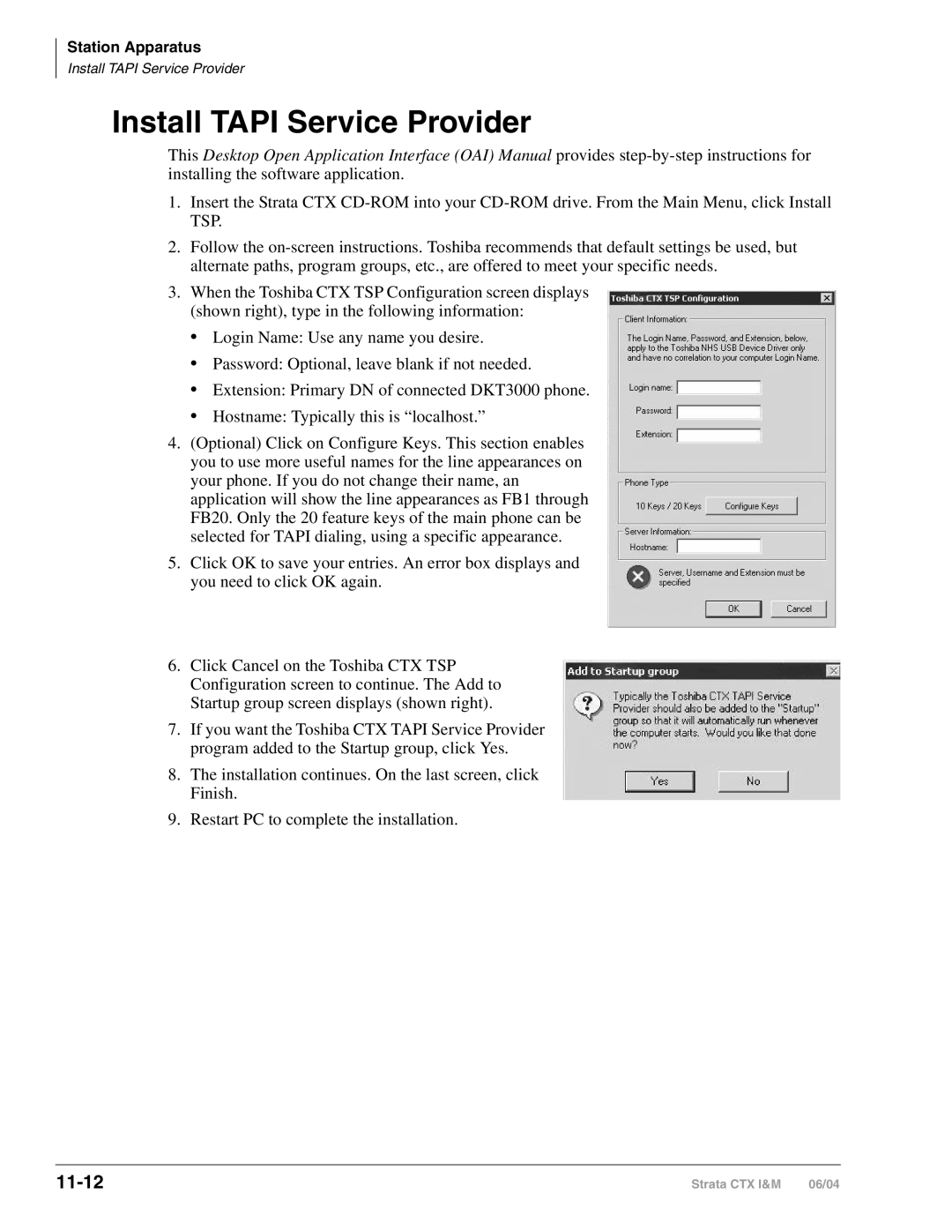 Toshiba CTX28 manual Install Tapi Service Provider, 11-12 