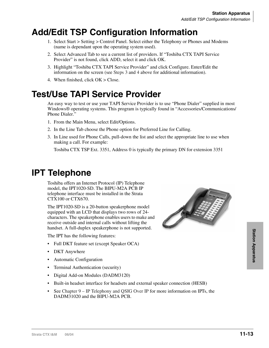 Toshiba CTX28 manual Add/Edit TSP Configuration Information, Test/Use Tapi Service Provider, IPT Telephone, 11-13 