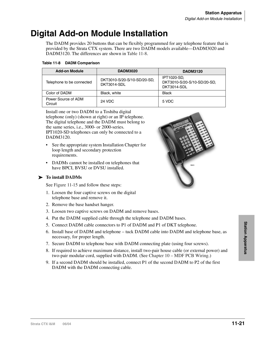 Toshiba CTX28 Digital Add-on Module Installation, 11-21, To install DADMs, Dadm Comparison Add-on Module DADM3020 DADM3120 