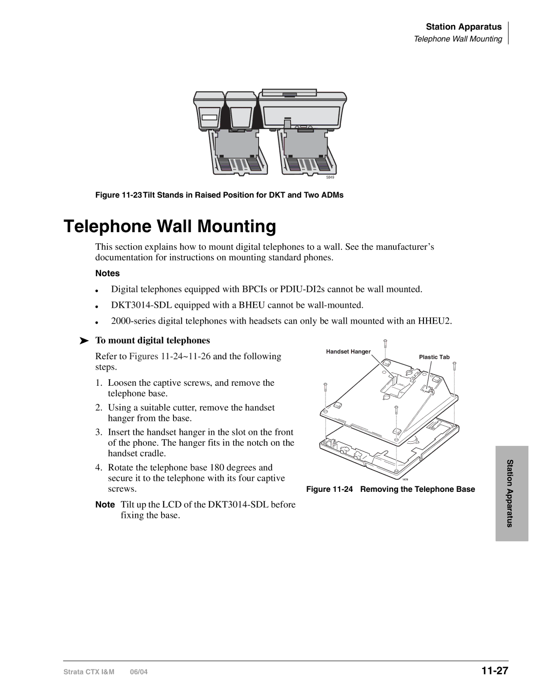 Toshiba CTX28 manual Telephone Wall Mounting, 11-27, To mount digital telephones 