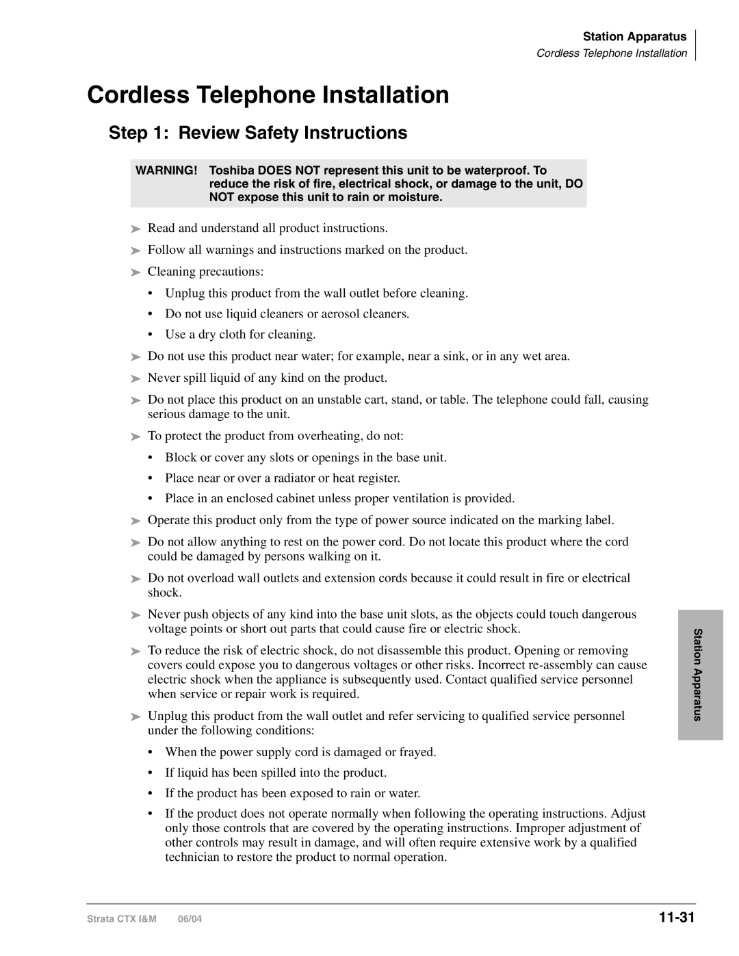 Toshiba CTX28 manual Cordless Telephone Installation, Review Safety Instructions, 11-31 