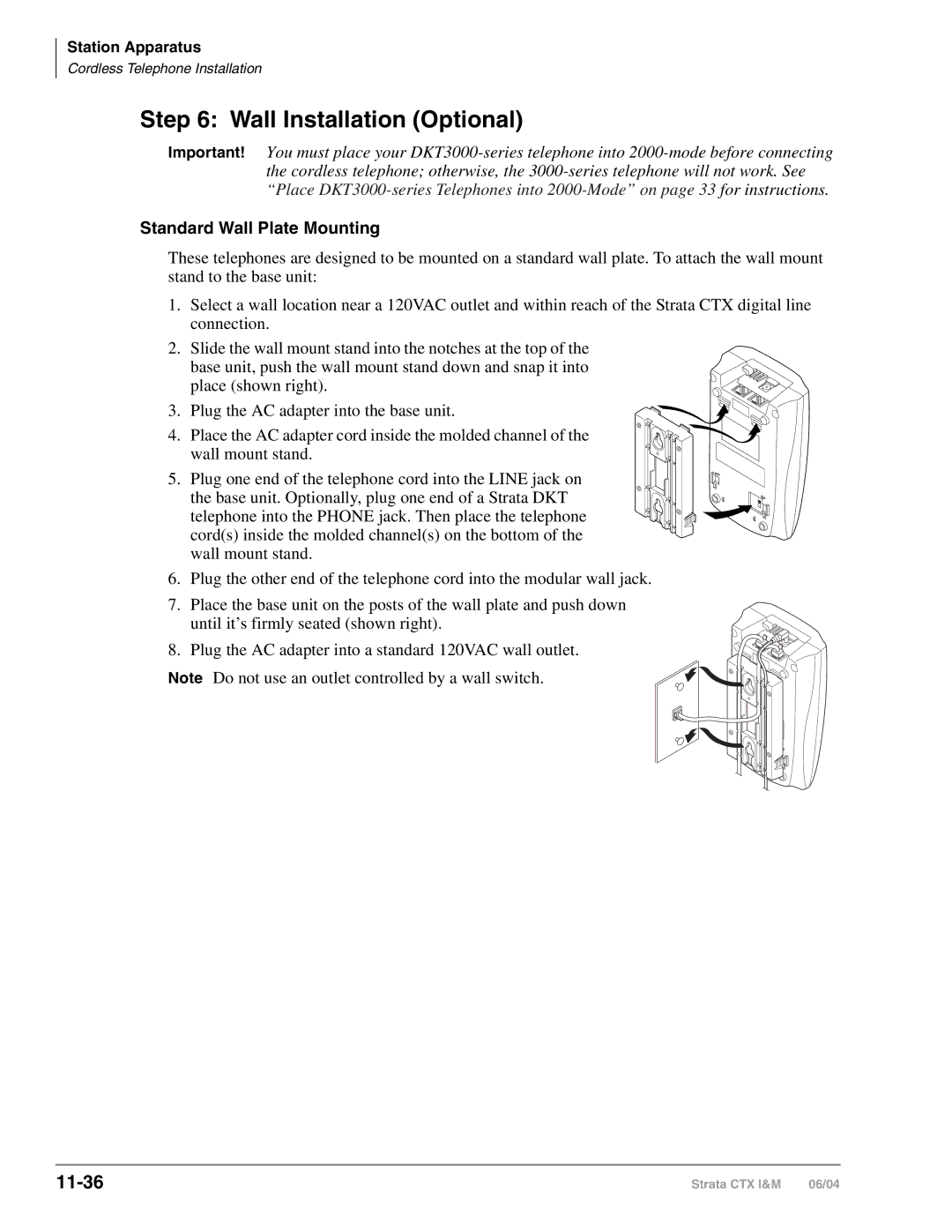 Toshiba CTX28 manual Wall Installation Optional, 11-36, Standard Wall Plate Mounting 