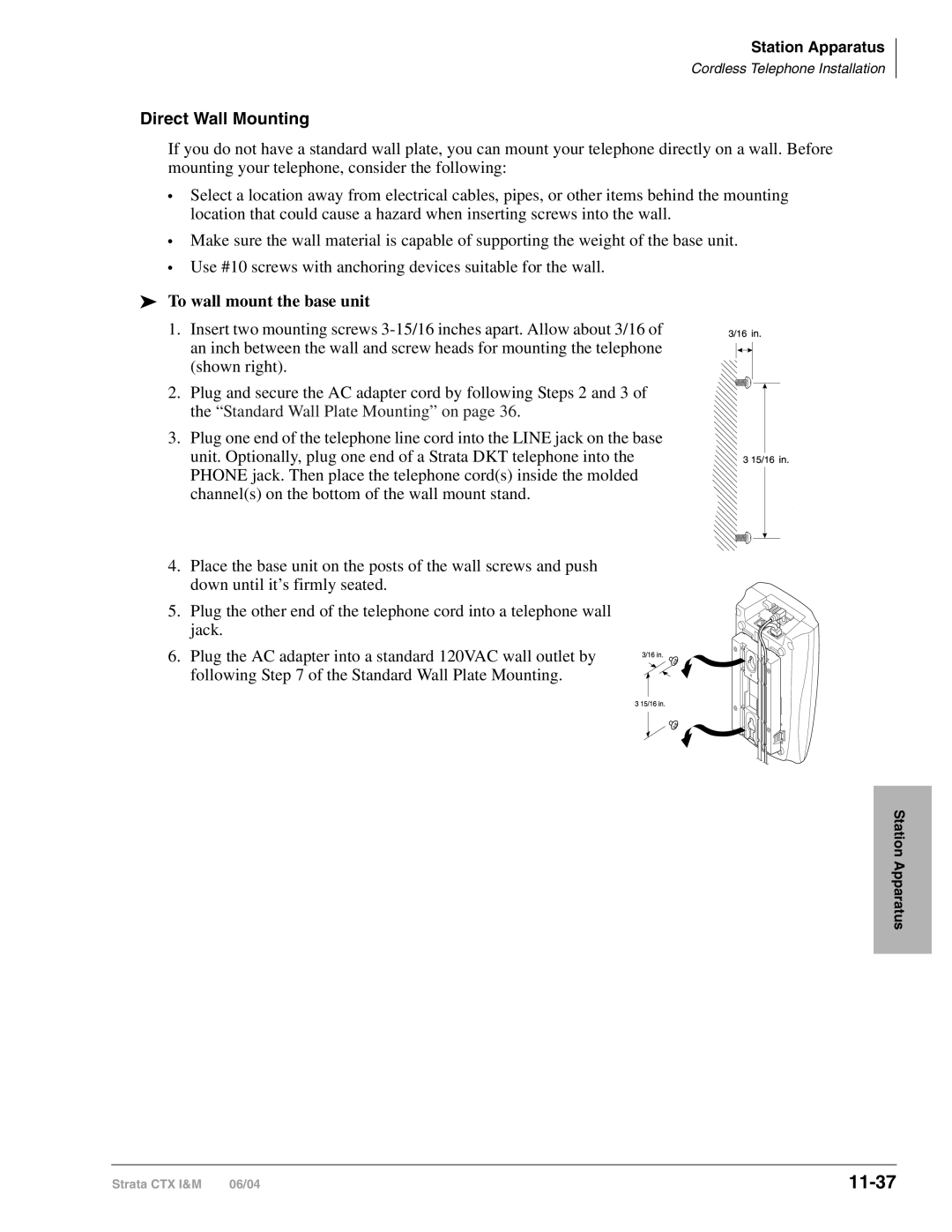 Toshiba CTX28 manual 11-37, Direct Wall Mounting, To wall mount the base unit 